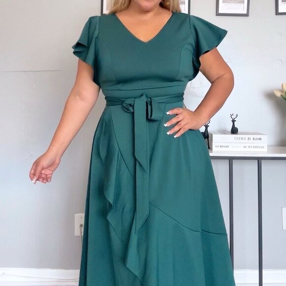 Women's Plus Size Formal Wedding Guest Dress with Ruffles V-Neck Long Low Party - Picture 8 of 16